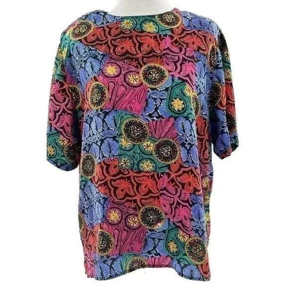 Christie & Jill top size L multicolored 100% silk floral watercolor 80s 90s - Picture 1 of 9